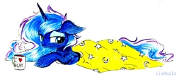 Size: 3189x1386 | Tagged: safe, artist:liaaqila, princess luna, alicorn, pony, g4, blanket, coffee, cute, female, floppy ears, lidded eyes, looking at you, lunabetes, mare, messy mane, mug, prone, simple background, smiling, solo, traditional art, waking up, white background