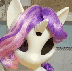 Size: 320x316 | Tagged: safe, derpibooru exclusive, edit, sweetie belle, pony, robot, robot pony, unicorn, sweetie bot project, g4, 2spooky, animated, female, filly, foal, horn, irl, nightmare fuel, photo, proto3, solo, sweetie bot