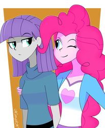 Size: 2318x2816 | Tagged: safe, artist:xan-gelx, maud pie, pinkie pie, equestria girls, g4, clothes, female, high res, one eye closed, pie sisters, shirt, siblings, sisters, smiling