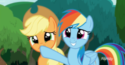 Size: 1280x669 | Tagged: safe, screencap, applejack, rainbow dash, pony, g4, non-compete clause, hoof in mouth