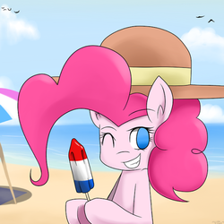 Size: 540x540 | Tagged: safe, artist:genericmlp, pinkie pie, earth pony, pony, g4, beach, bomb pop, cloud, female, food, hat, hoof hold, mare, one eye closed, popsicle, smiling, solo, umbrella, wink