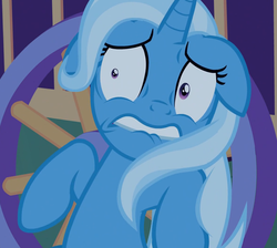 Size: 1038x929 | Tagged: safe, screencap, trixie, pony, unicorn, g4, to where and back again, cropped, female, floppy ears, lip bite, mare, reaction image, scared, shrunken pupils, solo, trixie's wagon
