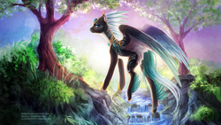 Size: 2500x1406 | Tagged: safe, artist:elzafox, oc, oc only, oc:alpine apotheon, pegasus, pony, forest, river, solo, spread wings, tree, wings, ych result