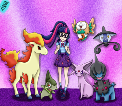 Size: 1500x1300 | Tagged: safe, artist:liniitadash23, sci-twi, twilight sparkle, axew, deino, espeon, lampent, ponyta, rowlet, equestria girls, g4, my little pony equestria girls: better together, backpack, clothes, crossover, cute, glasses, looking at you, nintendo, pokémon, ponytail, shoes, skirt, socks