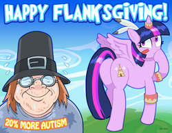 Size: 1280x991 | Tagged: safe, artist:curtsibling, twilight sparkle, alicorn, human, pony, g4, 20%, ableism, autism, brony hater, butt, clothes, curtsibling strikes again, feather, female, hat, holiday, male, mare, native american, offensive, pilgrim hat, plot, racism, shirt, squaw, thanksgiving, twibutt, twilight sparkle (alicorn), twilight squaw