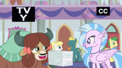 Size: 862x486 | Tagged: safe, edit, edited screencap, screencap, end zone, huckleberry, rainbow dash, silverstream, summer breeze, yona, classical hippogriff, earth pony, hippogriff, pegasus, pony, yak, non-compete clause, animated, bow, cloven hooves, female, friendship student, hair bow, hair bun, jewelry, loop, male, mare, necklace, paper, school of friendship, stallion, tv-y