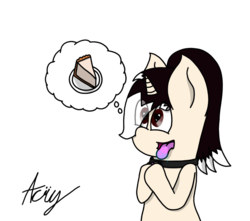 Size: 1272x1126 | Tagged: safe, artist:acrylicbristle, oc, oc only, oc:acrylic bristle, pony, unicorn, bangs, cake, cheesecake, collar, drool, eye clipping through hair, femboy, food, girly, heart eyes, looking up, male, pictogram, ponytail, signature, simple background, solo, stallion, thought bubble, tongue out, transparent background, wingding eyes