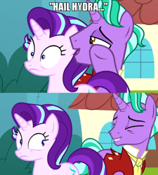 Size: 800x888 | Tagged: safe, edit, edited screencap, screencap, firelight, starlight glimmer, pony, unicorn, g4, the parent map, captain america, female, firelight's confession, hail hydra, image macro, male, mare, meme, stallion, whispering