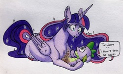 Size: 3423x2061 | Tagged: safe, artist:ameliacostanza, spike, twilight sparkle, alicorn, dragon, pony, g4, avengers: infinity war, colored pencil drawing, crying, dialogue, disintegration, female, high res, i don't feel so good, imminent death, male, mare, series finale, simple background, spoilers for another series, traditional art, twilight sparkle (alicorn), vanish, white background