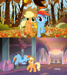 Size: 1280x1440 | Tagged: safe, edit, edited screencap, screencap, applejack, rainbow dash, pony, fall weather friends, g4, non-compete clause, comparison, duo, ending, hypocritical humor, non-compete clause drama, running of the leaves