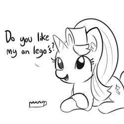 Size: 1650x1650 | Tagged: safe, artist:tjpones, starlight glimmer, pony, unicorn, g4, crossed hooves, cute, description is relevant, dialogue, ear fluff, female, glimmerbetes, grammar error, grayscale, intentional grammar error, lego, monochrome, prone, simple background, smiling, solo, white background