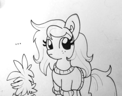 Size: 1367x1081 | Tagged: safe, artist:tjpones, wallflower blush, earth pony, pony, equestria girls, equestria girls series, forgotten friendship, g4, ..., black and white, clothes, cute, ear fluff, equestria girls ponified, female, flowerbetes, grayscale, lineart, mare, monochrome, plant, ponified, potted plant, simple background, sweater, traditional art, wallflower and plants