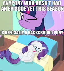 Size: 1280x1436 | Tagged: safe, edit, edited screencap, screencap, princess celestia, rarity, twilight sparkle, alicorn, pony, g4, season 8, abuse, background pony, background pony rarity, crying, downvote bait, image macro, meme, one eye closed, op is a duck, op is trying to start shit, raribuse, twilight sparkle (alicorn), wink