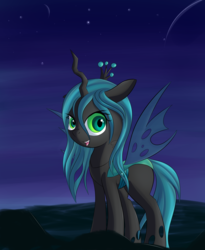 Size: 1834x2238 | Tagged: dead source, safe, artist:brok-enwings, queen chrysalis, changeling, changeling queen, nymph, g4, cute, cutealis, cuteling, female, filly, filly queen chrysalis, foal, looking at you, night, open mouth, planet, sky, smiling, solo, space, stars, younger