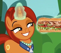 Size: 931x812 | Tagged: safe, edit, edited screencap, screencap, stellar flare, pony, unicorn, g4, the parent map, clothes, cropped, faic, female, food, glowing horn, grin, horn, jewelry, mare, necklace, not porn, pearl necklace, sandwich, sandwich censorship, smiling, solo