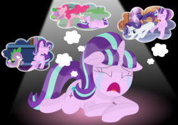 Size: 3548x2500 | Tagged: dead source, safe, artist:porygon2z, pinkie pie, rarity, spike, starlight glimmer, dragon, earth pony, pony, unicorn, g4, season 5, abuse, crying, downvote bait, eyes closed, female, floppy ears, glimmerbuse, high res, kick, kissing, male, mare, nightmare, open mouth, out of character, pinkie prick, prone, raribitch, ship:pinkiespike, shipping, shipping denied, slap, straight, thought bubble