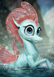Size: 850x1200 | Tagged: safe, artist:assasinmonkey, ocellus, changedling, changeling, seapony (g4), g4, non-compete clause, blue eyes, cloud, confused, digital art, digital painting, disguise, disguised changeling, female, fin wings, fins, floppy ears, looking at you, river, scales, seaponified, seapony ocellus, signature, sky, solo, species swap, spread wings, swimming, water, wet, wet mane, wings, 👒🕍ocellus