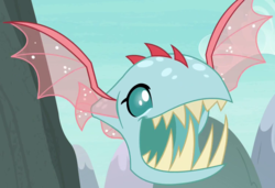 Size: 1500x1025 | Tagged: safe, screencap, ocellus, biteacuda, fish, pony, g4, non-compete clause, cropped, disguise, disguised changeling, fangs, female, open mouth, solo, spread wings, wings