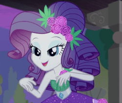Size: 850x720 | Tagged: safe, screencap, rarity, human, equestria girls, equestria girls series, g4, pinkie sitting, animated, bare shoulders, beautiful, clothes, cropped, crystal gala, dress, female, flower, gif, sleeveless, solo