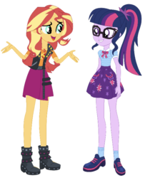 Size: 1094x1349 | Tagged: safe, editor:php77, sci-twi, sunset shimmer, twilight sparkle, equestria girls, equestria girls series, boots, bowtie, clothes, cute, geode of empathy, geode of telekinesis, glasses, high heel boots, jacket, leather jacket, looking at each other, magical geodes, open mouth, ponytail, shoes, simple background, skirt, socks, transparent background, twiabetes