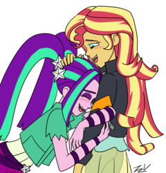 Size: 1080x1124 | Tagged: safe, artist:verumtee, aria blaze, sunset shimmer, comic:aria's archives, series:sciset diary, equestria girls, g4, my little pony equestria girls: rainbow rocks, blushing, clothes, eyes closed, female, hug, jacket, lesbian, shipping, simple background, smiling, sunblaze, transparent background