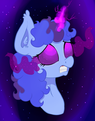 Size: 1590x2020 | Tagged: safe, artist:paskanaakka, derpibooru exclusive, oc, oc only, oc:midnight dew, pony, unicorn, abstract background, bust, female, glowing eyes, glowing horn, gritted teeth, horn, magic, mare, pony oc, portrait, scared, solo, sombra eyes, unicorn oc
