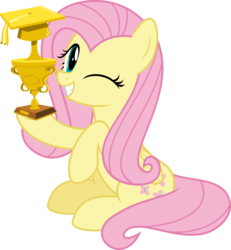 Size: 5033x5439 | Tagged: safe, artist:jhayarr23, fluttershy, pegasus, pony, non-compete clause, absurd resolution, cute, female, mare, one eye closed, shyabetes, simple background, solo, teacher of the month, transparent background, trophy, vector, wink