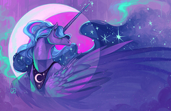 Size: 1280x830 | Tagged: safe, artist:not-unicorn, artist:swevenfox, princess luna, alicorn, pony, g4, ethereal mane, female, glowing horn, horn, mare, solo, starry mane