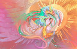 Size: 1280x831 | Tagged: safe, artist:not-unicorn, artist:swevenfox, princess celestia, alicorn, pony, g4, curved horn, female, horn, jewelry, mare, necklace, regalia, solo, spread wings, wings