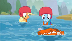 Size: 1280x720 | Tagged: safe, screencap, applejack, rainbow dash, pony, g4, non-compete clause, lifejacket