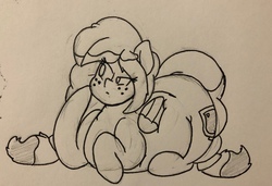 Size: 1280x873 | Tagged: safe, artist:somefrigginnerd, oc, oc only, oc:sweeter mocha, pegasus, pony, chubby, fat, female, freckles, lineart, monochrome, prone, simple background, solo, thinking, traditional art