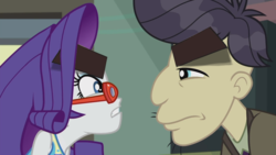 Size: 1272x716 | Tagged: safe, edit, edited screencap, screencap, cranky doodle donkey, rarity, equestria girls, g4, happily ever after party, happily ever after party: rarity, my little pony equestria girls: better together, eyebrows, flcl, glasses