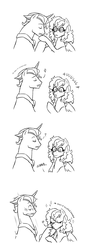 Size: 878x2470 | Tagged: safe, artist:pikokko, oc, oc only, oc:floret, oc:sunset sky, pegasus, pony, unicorn, black and white, comic, fake moustache, female, gentleman, grayscale, heart, hoof kissing, male, mare, monochrome, oc x oc, offspring, offspring shipping, parent:cheese sandwich, parent:prince blueblood, parent:rainbow dash, parent:rarity, parents:cheesedash, parents:rariblood, shipping, silly, sparkles, stallion