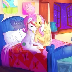 Size: 894x894 | Tagged: safe, artist:spazzyhippie, fluttershy, oc, oc:lucky charm, pony, unicorn, g4, bed, bedroom, blushing, canon x oc, duo, eyes closed, facial hair, female, flucky, fluttershy's cottage, goatee, hug, male, mare, night, romantic, shipping, spread wings, stallion, straight