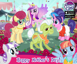 Size: 940x788 | Tagged: safe, artist:supra80, edit, gameloft, cookie crumbles, granny smith, posey shy, princess cadance, twilight velvet, windy whistles, alicorn, earth pony, pegasus, pony, unicorn, g4, official, advertisement, female, mare, mother, mother's day, my little pony logo, spread wings, wings