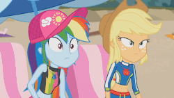 Size: 800x450 | Tagged: safe, screencap, applejack, rainbow dash, equestria girls, g4, lost and found, my little pony equestria girls: better together, animated, duo, female, reversed