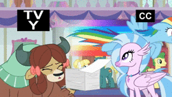 Size: 1280x720 | Tagged: safe, edit, edited screencap, screencap, end zone, huckleberry, rainbow dash, silverstream, summer breeze, yona, classical hippogriff, earth pony, hippogriff, pegasus, pony, yak, g4, non-compete clause, animated, bow, cloven hooves, female, friendship student, hair bow, hair bun, jewelry, loop, male, mare, necklace, paper, perfect loop, school of friendship, sound, stallion, tv-y, webm