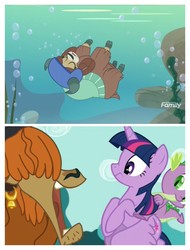Size: 3106x4096 | Tagged: safe, edit, edited screencap, screencap, prince rutherford, spike, twilight sparkle, yona, alicorn, dragon, pony, yak, g4, non-compete clause, party pooped, asphyxiation, bad end, bubble, cloven hooves, drowning, ear piercing, earring, female, helmet, implied death, jewelry, male, mare, piercing, this will end in war, twilight sparkle (alicorn), underwater