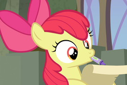 Size: 1620x1080 | Tagged: safe, screencap, apple bloom, earth pony, pony, g4, surf and/or turf, apple bloom's bow, bow, crayon, cropped, female, filly, hair bow, mouth hold, paper, solo