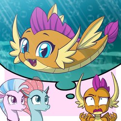 Size: 800x800 | Tagged: safe, artist:uotapo, ocellus, silverstream, smolder, changedling, changeling, dragon, fish, puffer fish, seapony (g4), g4, non-compete clause, season 8, cute, disguise, disguised changeling, dragon to pufferfish, dragoness, female, seaponified, seapony ocellus, seapony silverstream, smolderbetes, smolderpuffs, species swap, thought bubble, trio, trio female, underwater