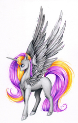 Size: 1950x3074 | Tagged: safe, artist:divinekitten, oc, oc only, oc:angel, alicorn, pony, alicorn oc, concave belly, simple background, slender, solo, sternocleidomastoid, thin, traditional art, white background