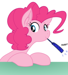 Size: 1920x2134 | Tagged: safe, artist:eagle1division, artist:reiduran, pinkie pie, earth pony, pony, g4, ear fluff, female, looking at you, mare, mouth hold, party horn, simple background, smiling, solo, transparent background, vector