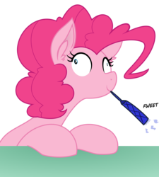 Size: 972x1080 | Tagged: safe, artist:eagle1division, artist:reiduran, pinkie pie, earth pony, pony, g4, derp, ear fluff, faic, female, mare, mouth hold, party horn, silly, silly pony, simple background, smiling, solo, transparent background, vector