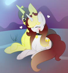 Size: 2193x2361 | Tagged: safe, artist:darbypop1, oc, oc only, oc:destiny blood, oc:magic muse, pony, unicorn, base used, blushing, collar, female, heart, high res, male, mare, night, prone, stallion