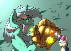 Size: 4200x3000 | Tagged: safe, artist:richard-skip, bon bon, lyra heartstrings, sweetie drops, earth pony, pony, unicorn, g4, avengers, avengers: infinity war, bon bon is not amused, clothes, crossover, duo, female, gloves, infinity gauntlet, infinity stones, mare, unamused, xk-class end-of-the-world scenario