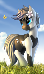 Size: 1960x3256 | Tagged: safe, artist:lightly-san, oc, oc only, butterfly, earth pony, pony, cloud, commission, flower, grass, grass field, male, sky, solo, stallion