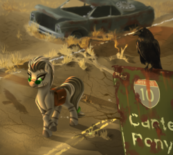 Size: 2018x1812 | Tagged: safe, artist:lightly-san, oc, oc only, bird, crow, zebra, fallout equestria, commission, female, glasses, road, saddle bag, sign, solo, wasteland, zebra oc