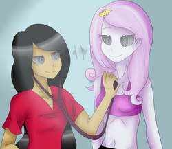 Size: 1500x1302 | Tagged: safe, artist:billcipherspuppet, fleur-de-lis, oc, oc only, oc:fanta, equestria girls, g4, bra, breasts, checkup, clothes, female, hairclip, heartbeat, humanized, hypnosis, hypnotist, hypnotized, listening, midriff, nurse, scrubs (gear), smiling, solo, stethoscope, swirly eyes, underwear