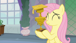 Size: 1920x1080 | Tagged: safe, screencap, fluttershy, pegasus, pony, g4, non-compete clause, bush, cute, desk, discovery family logo, eyes closed, female, happy, hoof hold, mare, open mouth, shyabetes, smiling, teacher of the month, trophy, window