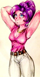 Size: 1669x3188 | Tagged: safe, artist:nolyanimeid, cookie crumbles, equestria girls, g4, alternate hairstyle, arm behind head, armpits, belt, clothes, female, pants, simple background, solo, traditional art, white background